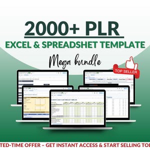 May include: A computer screen displaying a spreadsheet template with the text "2000+ PLR EXCEL & SPREADSHEET TEMPLATE Mega bundle" and "TOP SELLER".