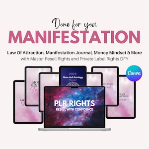 Może przedstawiać: Laptop z różowo-fioletowym wzorem galaktyki na ekranie. Na ekranie wyświetlany jest tekst "PLR RIGHTS RESELL WITH CONFIDENCE". Laptop jest otoczony kilkoma cyfrowymi planerami z różowo-fioletowymi tłami. Tekst "Done for you MANIFESTATION" jest wyświetlany u góry obrazu. Tekst "Law Of Attraction, Manifestation Journal, Money Mindset & More with Master Resell Rights and Private Label Rights DFY" jest wyświetlany pod laptopem. Logo Canva jest wyświetlane w prawym górnym rogu obrazu.
