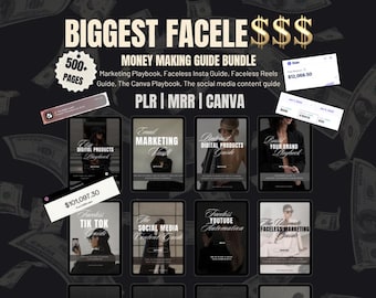 May include: A digital marketing guide bundle with the text "BIGGEST FACELESS $$$ MONEY MAKING GUIDE BUNDLE" and "500+ PAGES". The bundle includes guides on marketing, Instagram, Reels, Canva, and social media. Dollar bills are in the background.
