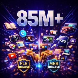 Può includere: Grafica digitale con il testo "85M+" in argento, circondata da icone di libri, fotocamere, computer e una maglietta con "SVG". Due scudi recitano "PLR LICENSE" e "MRR LICENSE". Lo sfondo è blu scuro con effetti di luce blu brillante e dorata.