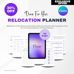 May include: A digital relocation planner with 48 pages. The planner includes sections for moving instructions, a checklist, moving day survival kit, moving company notes, and moving expenses. The planner is on a tablet with a purple gradient background. The text "Relocation Planner" is in white on the tablet. The text "48 page" is in white on a purple circle.