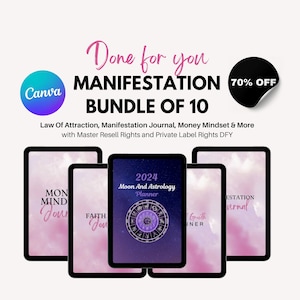 Może przedstawiać: Cyfrowy pakiet 10 przedmiotów, w tym dziennik manifestacji i przewodnik po nastawieniu na pieniądze. Obraz przedstawia tablety z tekstem takim jak "2024 Moon And Astrology Planner" i "Faith Journal". Widoczne jest również logo Canva i naklejka "70% OFF".