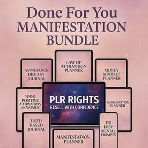 Może przedstawiać: Pakiet produktów cyfrowych zatytułowany "Done For You Manifestation Bundle" z tekstem "PLR Rights Resell With Confidence" na ekranie laptopa. Pakiet zawiera cyfrowe planery, dzienniki i afirmacje dla kobiet.