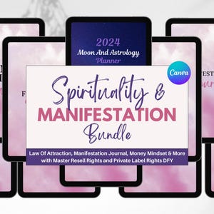 Może przedstawiać: Pakiet produktów cyfrowych z różowo-fioletowym tłem z chmurami. Tekst na obrazku brzmi "Spirituality & Manifestation Bundle" i "2024 Moon And Astrology Planner". Pakiet zawiera prawo przyciągania, dziennik manifestacji, mentalność pieniędzy i wiele więcej.
