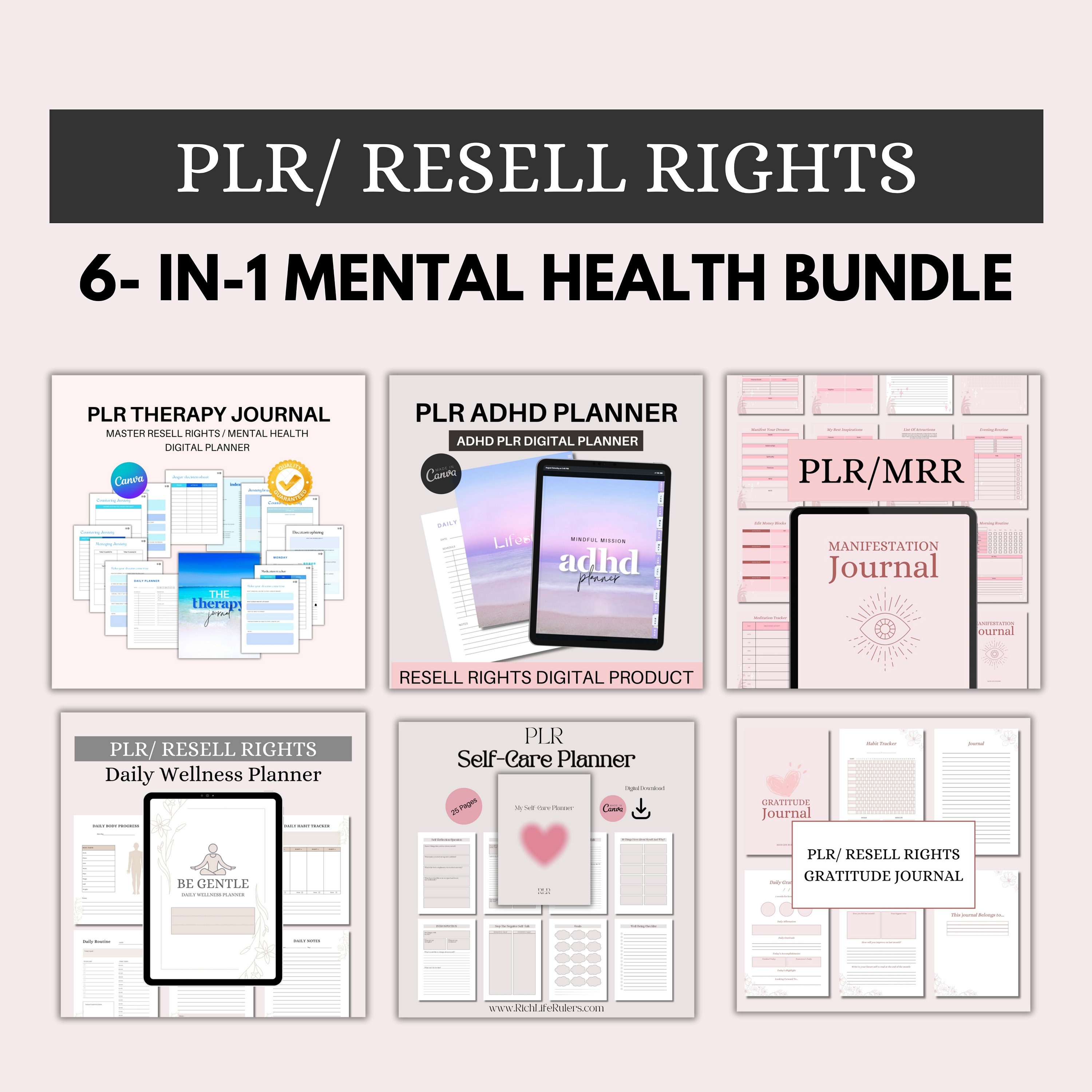 6-in-1 Mental Health PLR Planner Bundle: ADHD, Therapy, Wellness (Digital Product)