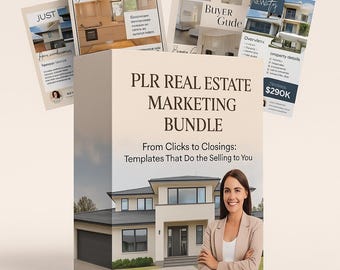 May include: A white box with a colorful design featuring a house, a woman, and the text "PLR REAL ESTATE MARKETING BUNDLE". The text "From Clicks to Closings: Templates That Do the Selling to You" is also included on the box.