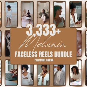 May include: A digital product advertisement featuring a collection of images displayed on smartphone screens. The central graphic reads "3,333+ Melanin FACELSS REELS BUNDLE" in white and brown. The images showcase diverse individuals in various settings.
