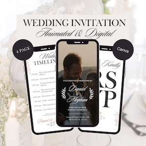 Wedding Video Invitation Template, Animated Wedding Invitation with RSVP, Details & Program, Add Your Own Photo and Music, Canva, BW025