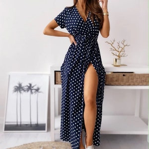 Savannah Women Dress Summer Short Sleeve Wrap Midi Dress, Polka Dot Boho Midi Dress, Wedding Beach Dress, Minimal Clothes, V-Neck Midi Dress