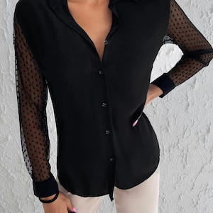 Black Lace Sleeved Top-Long Tulle Sleeve Fashion Shirt, Button Shirt For Woman, Button Down Shirt For Women, Night Club Shirts For Women