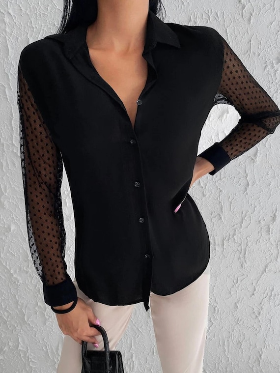 Camisa moda de manga de tul de manga larga negra camisa de Etsy México