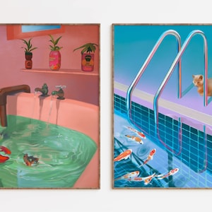 Set van 2, Koi badkamer poster, kat poster, zwembad poster, poster bij het zwembad, kunst aan de muur kat, Koi kunst aan de muur, illustratie posters