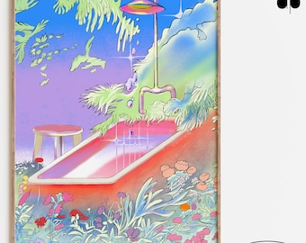 May include: A colourful illustration of a bathtub surrounded by lush greenery and flowers. The bathtub is red and white with a shower head above it. The background is a gradient of blue, purple and pink.
