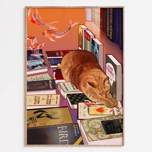 Kitty's Koi Dream at A Bookshop Poster, Buch Poster, Dream Poster, Katzen Poster, Koi Poster, Japanische Wand Kunst, kawaii Poster, Lofi Poster