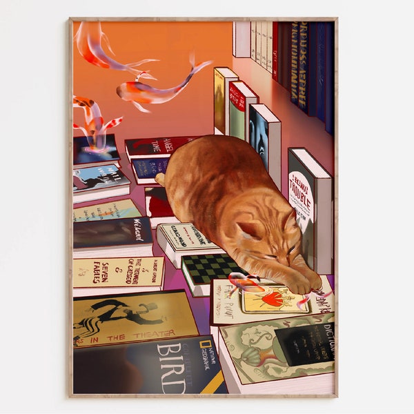 Kitty's Koi Dream at A Bookshop Poster, Book Poster, Dream Poster, Cat Poster, Koi Poster, Japanese Wall Art, kawaii Poster, Lofi Poster