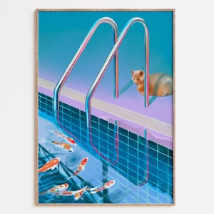 Arte de la pared del gato, arte de la pared de Koi, arte de la pared de la piscina, cartel de Koi, cartel del gato lo-fi, arte de la pared de Lofi Koi, arte de la pared de Japandi - lado de la piscina, Koi y Kitty