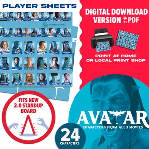 Puede incluir: PDF de descarga digital con personajes de Avatar de las 3 películas. Incluye hojas de jugador con 24 personajes, diseñadas para encajar en un tablero de pie 2.0. Imprime en casa o en una imprenta local.