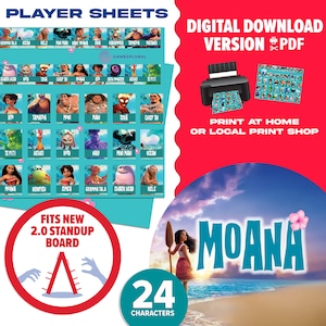Könnte beinhalten: Ein druckbarer Satz von 24 Moana-Charakter-Spielbögen. Die Bögen sind blau und zeigen Bilder der Charaktere aus dem Film. Der Text "DIGITALER DOWNLOAD VERSION PDF" und "ZU HAUSE ODER IM LOKALEN DRUCKSHOP DRUCKEN" ist sichtbar. Der Text "PASST AUF DAS NEUE 2.0 STEH-BOARD" ist ebenfalls sichtbar.