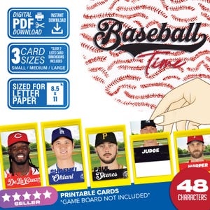 May include: Printable baseball card set featuring 48 different baseball players. The cards are sized for 8.5 x 11 inch letter paper and come in three sizes: small, medium, and large. The cards are yellow with a black border and feature a photo of the player, their name, and their team logo. The set also includes a digital PDF download.