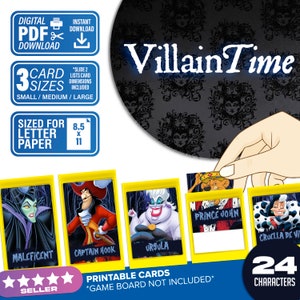 Schurkentijdraadspel | Digitale download | Kaarten met schurkenthema die u thuis afdrukt Maleficent Cruella Evil Queen | Houd het spel gaande!