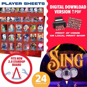 Peut inclure: Feuilles de jeu imprimables mettant en scène 24 personnages du film d'animation Sing. Les feuilles sont conçues pour s'adapter à un plateau de jeu debout 2.0. L'image comprend également une version téléchargeable en format PDF.