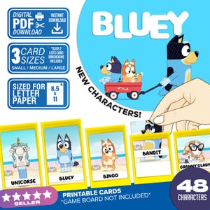 Juego de adivinanzas Bluey / Descarga digital / Tarjetas con temática de Bluey que puedes imprimir en casa / ¡Sigue jugando!