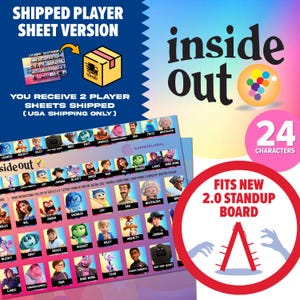 May include: A game sheet featuring characters from the movie "Inside Out." The sheet includes character images and the text "24 Characters." Additional text reads "Fits New 2.0 Standup Board."