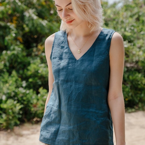 Linen Tank Top Sleeveless Vneck Premium Linen Clothing for Etsy