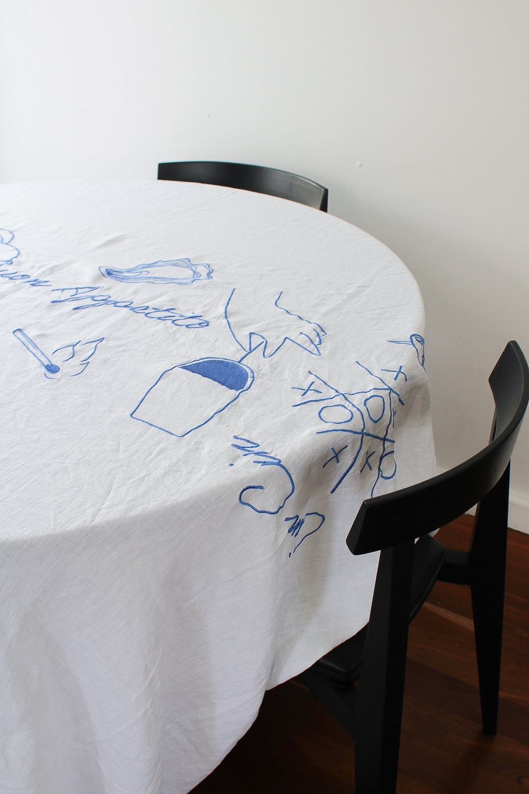 Thumbnail of Embroidered Buon Appetito Linen Tablecloth in Blue - Etsy