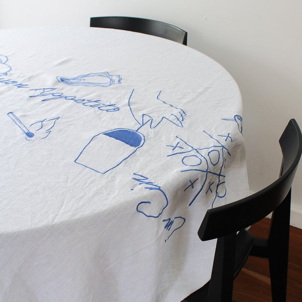 Embroidered Buon Appetito Linen Tablecloth In Blue