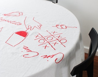 Embroidered Buon Appetito Linen Tablecloth In Red