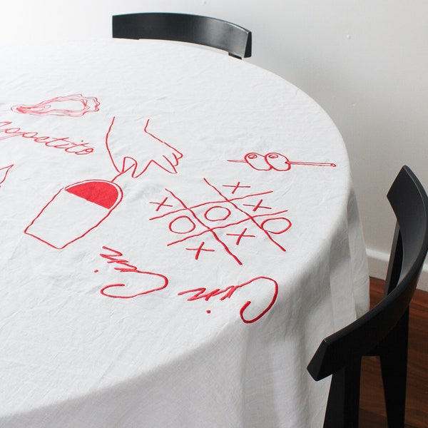 Embroidered Buon Appetito Linen Tablecloth In Red