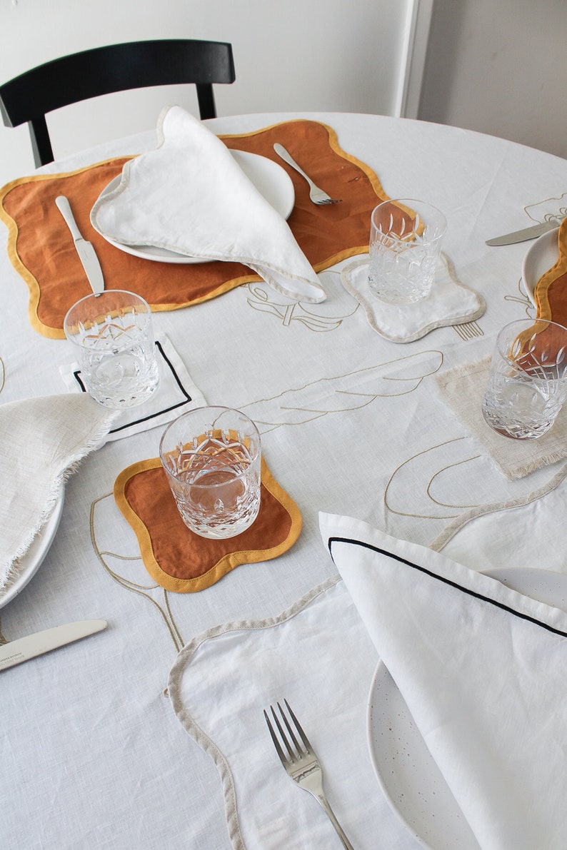 Embroidered Aperitif Linen Tablecloth In Beige image 8