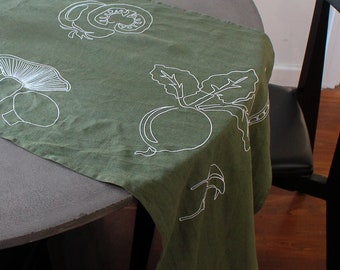 Embroidered Garden Linen Table Runner In Moss Green