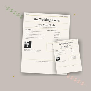 Op de afbeelding: Twee trouwprogramma's ontworpen als kranten met de titel The Wedding Times, met de kop Ava Weds Noah! Childhood sweethearts tie the knot at Rosehill Manor. De lay-out bevat secties voor How We Met, Order of Ceremony en een kruiswoordraadsel.