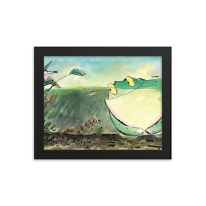 May include: A watercolor painting of a green frog with yellow eyes peeking out of the water. The frog is partially submerged in the water, with its head and front legs visible. The background is a green and blue watercolor wash, suggesting a pond or lake.