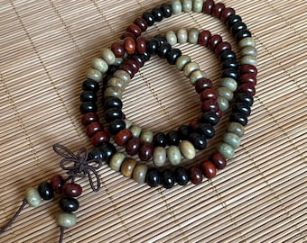 Natural Green Sandalwood, Ebony, Rosewood 108 Rondelle Prayer Beads Buddhist Yoga Meditation Mala Elastic Necklace Bracelet