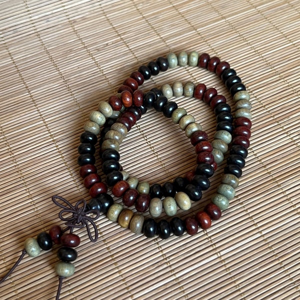 Natural Green Sandalwood, Ebony, Rosewood 108 Rondelle Prayer Beads Buddhist Yoga Meditation Mala Elastic Necklace Bracelet