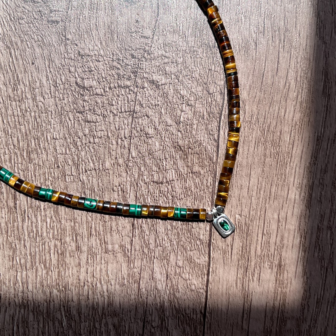 Natural Tiger Eye Stone and Malachite Pendant Necklace main image 0