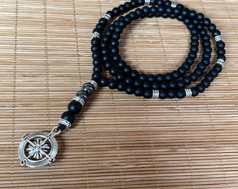 Black obsidian, Hematite Beads Necklace with Compass pendant, Empath Protection Meditation yoga Healing Crystal Mala