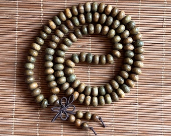 Natural Green Sandalwood 108 Rondelle Prayer Beads Buddhist Yoga Meditation Mala Elastic Necklace Bracelet