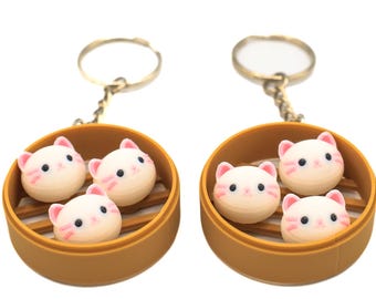Cat Bao Bun Keychain: Dim Sum Steamer Basket Charm