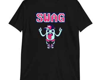 May include: Black t-shirt with a cartoon character wearing a red and white baseball cap and the word "SWAG" in pixelated letters.