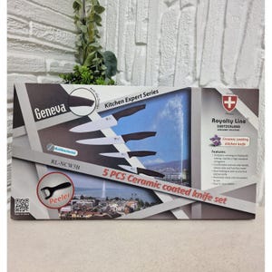 May include: A 5-piece ceramic-coated knife set by Royalty Line. The set includes knives with white blades and brown handles, along with a peeler. The packaging features the Geneva and Royalty Line logos, and the text "Kitchen Expert Series."