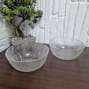 May include: Two clear glass bowls with a leaf-like texture. The bowls have a scalloped edge and are sitting on a dark brown surface. A small bonsai tree is in the background.