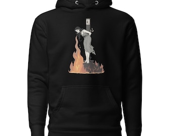 May include: Black hoodie featuring a grayscale illustration of a person engulfed in flames. The artwork depicts a figure standing on fire, with flames emanating from the mouth. The hoodie has a drawstring hood.