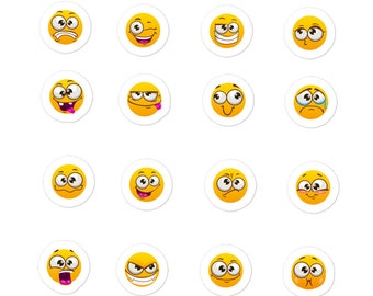 May include: Set of 16 yellow cartoon smiley faces with different expressions, each face is surrounded by a white circle.