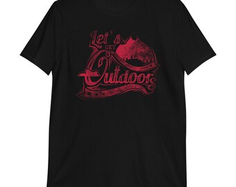 May include: Black t-shirt with a red graphic design that says "Let's Get Outdoors" with a mountain and trees in the background.