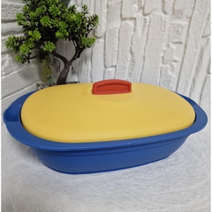 Vintage ovale braadpan van Tupperware 1,7 l – blauw geel rood – retro plastic voedselhouder met deksel en handgrepen – 3183D-2 3184D-4