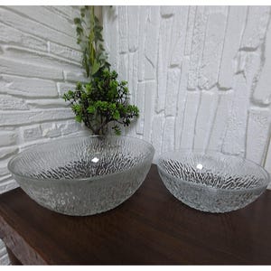 May include: Two clear glass bowls with a textured, organic pattern. The bowls are different sizes and sit on a dark brown surface. The background features a white brick wall and a small green plant.